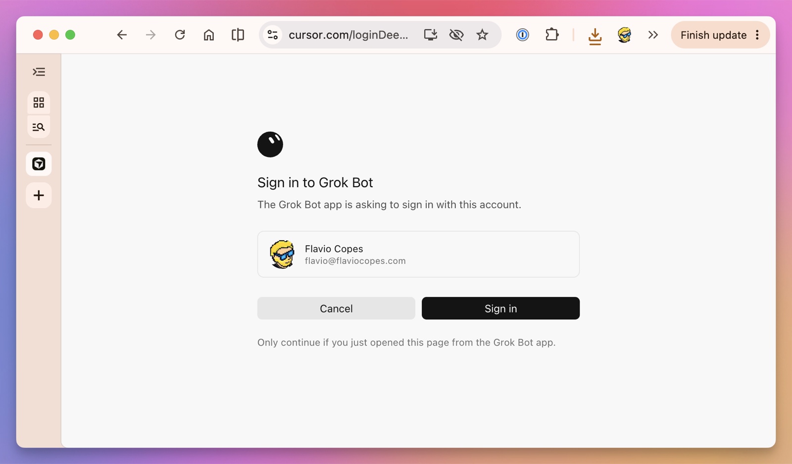 The browser confirmation page for signing in to Grok Bot with a Cursor account