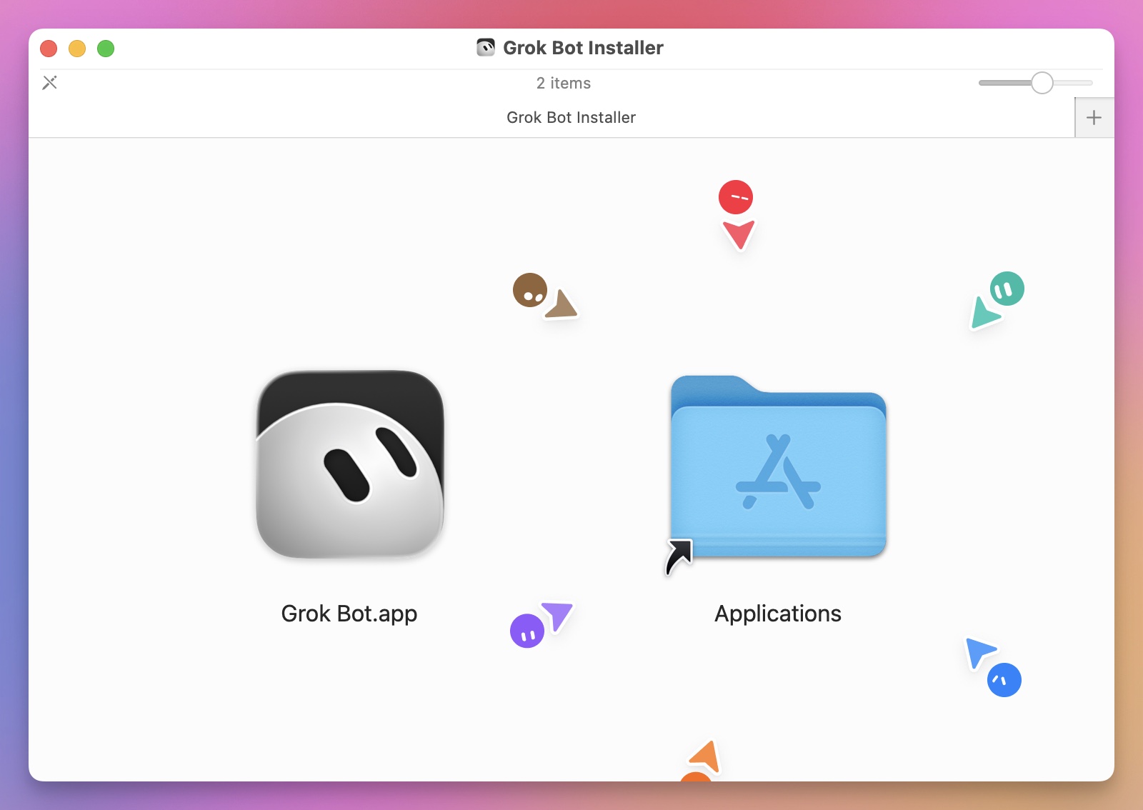 The Grok Bot macOS installer with the application and Applications folder