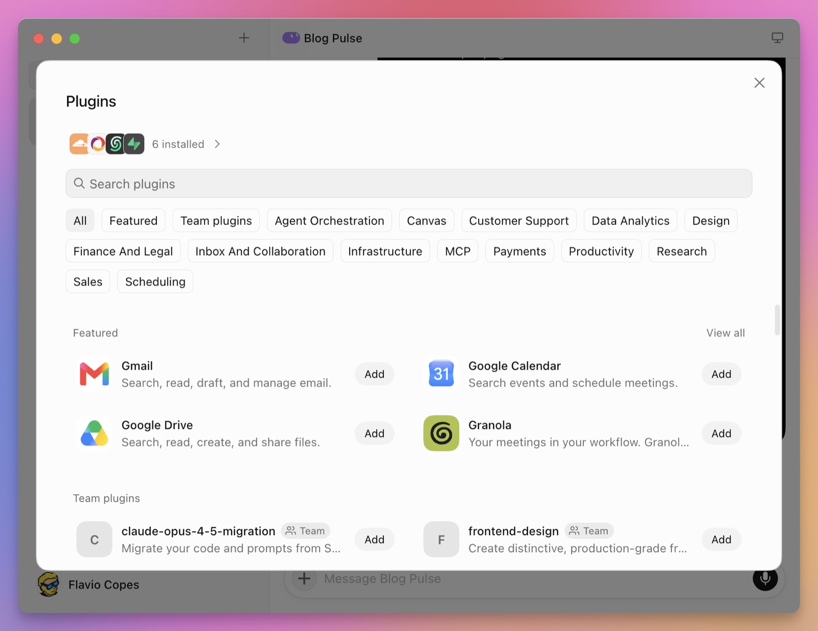 The Grok Bot plugin browser showing application and team plugins