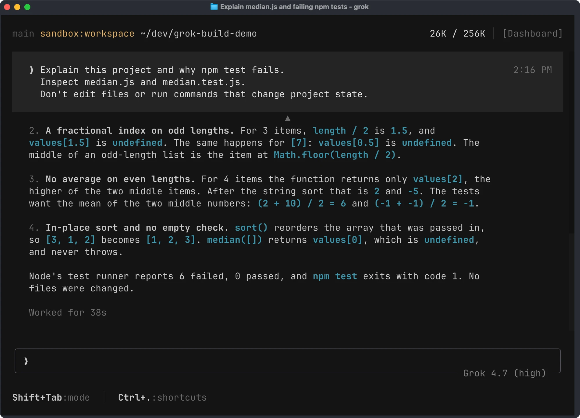 Grok explaining the median calculation bugs and reporting six failed tests with no files changed