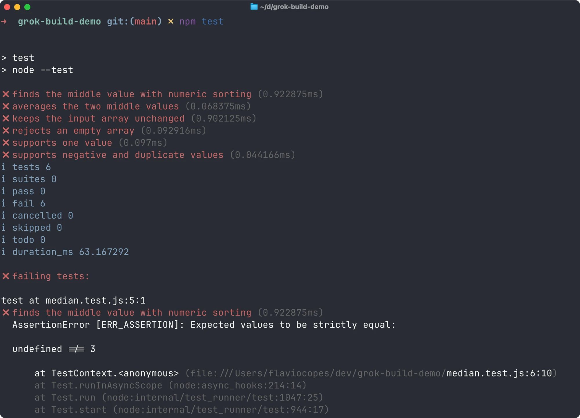 Node.js test runner reporting all six median tests failing before the fix
