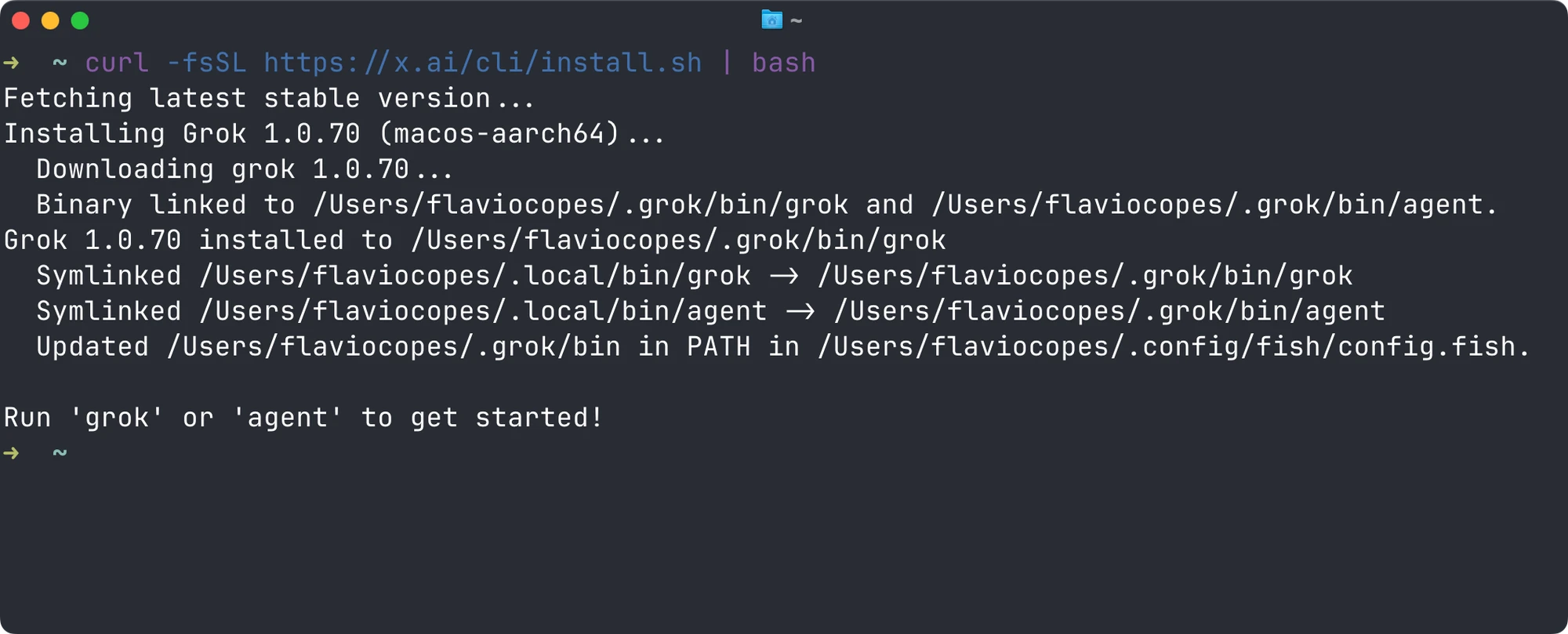 Grok Build installer completing on macOS and linking the grok and agent commands
