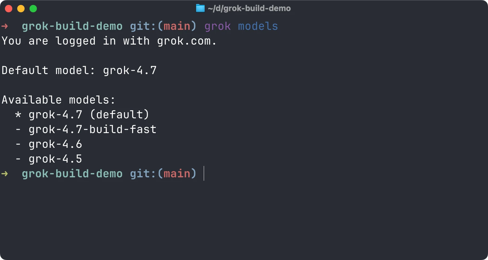 Output of grok models listing Grok 4.7 as the default alongside the other available models