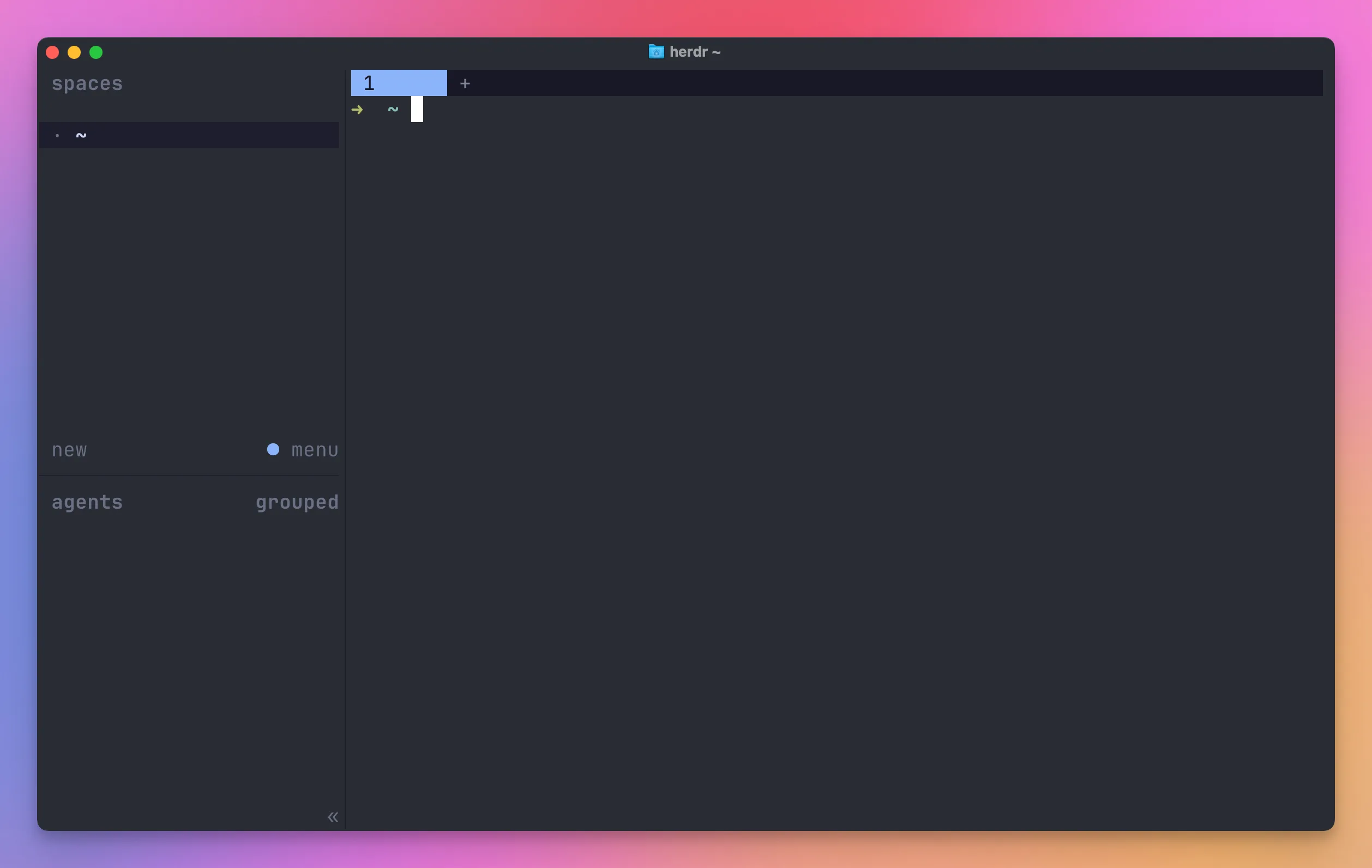 Herdr on its first run: one workspace in the sidebar, one tab, one empty shell pane, and an empty agents list