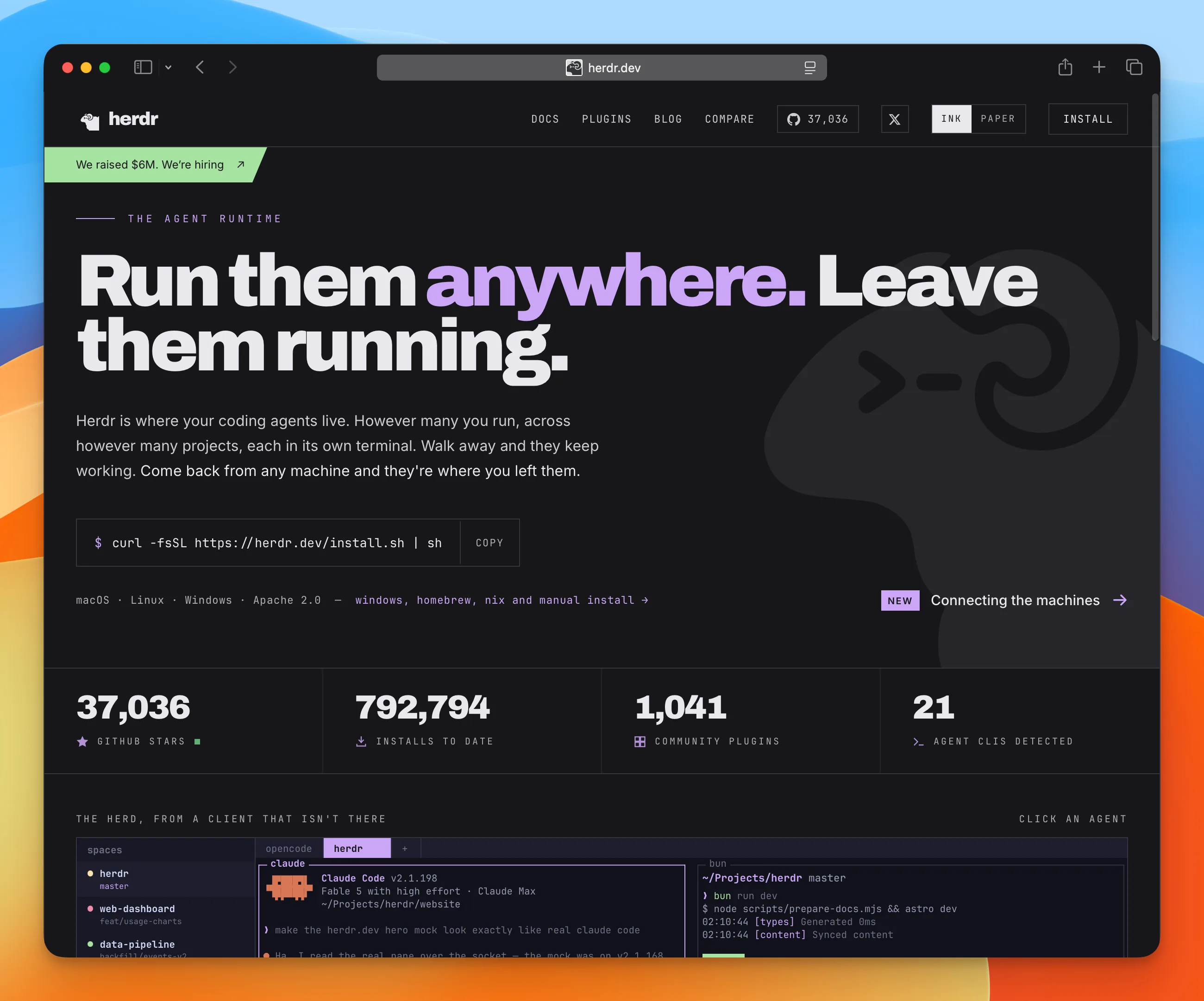 The herdr.dev homepage with the install command and the GitHub stars, installs, and community plugins counters