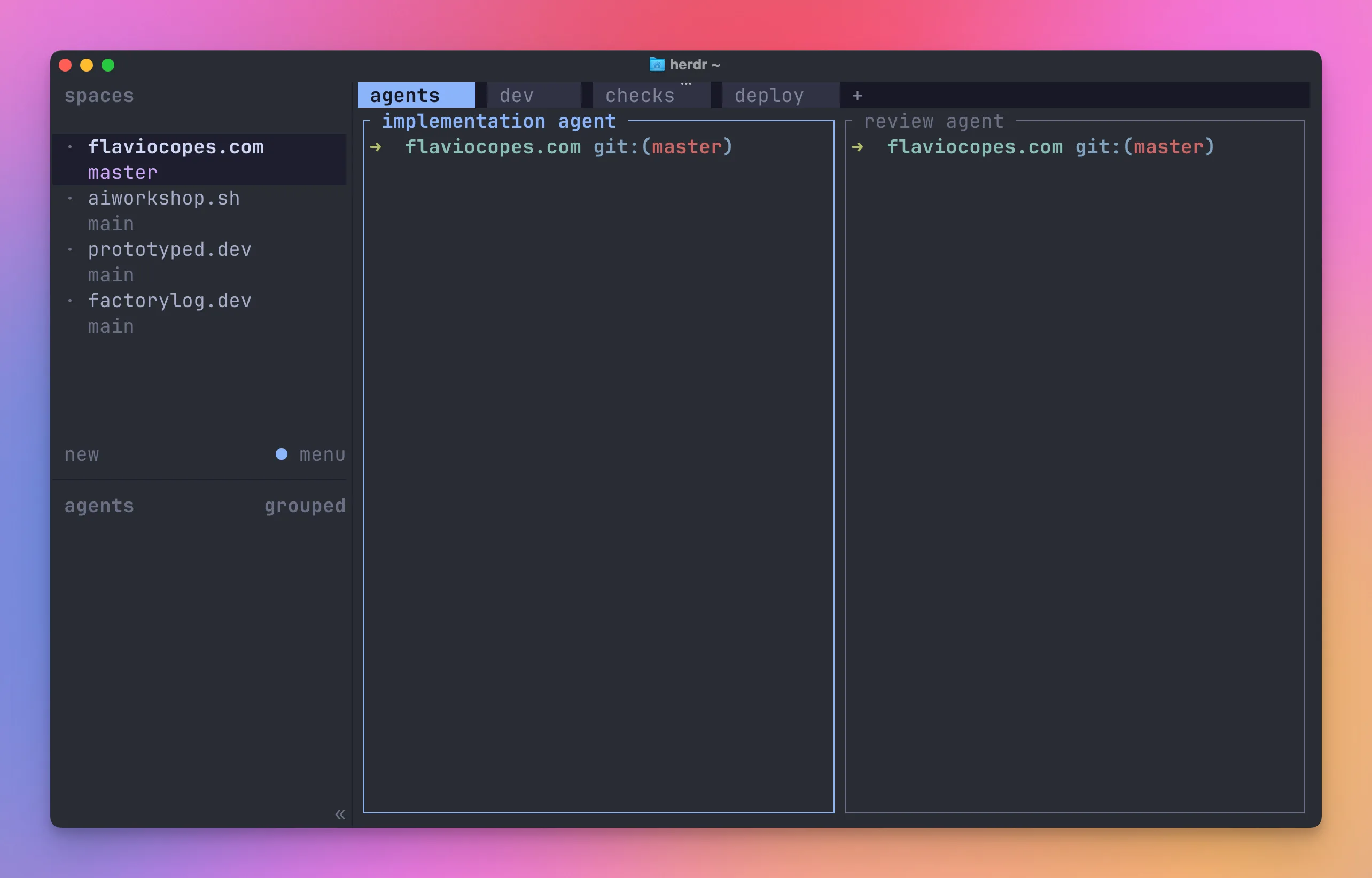 Herdr with four workspaces in the sidebar, the agents tab selected, and two panes labeled implementation agent and review agent
