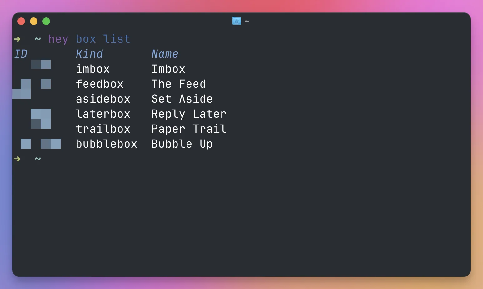 The hey box list command showing the Imbox, Feed, Set Aside, Reply Later, Paper Trail, and Bubble Up boxes