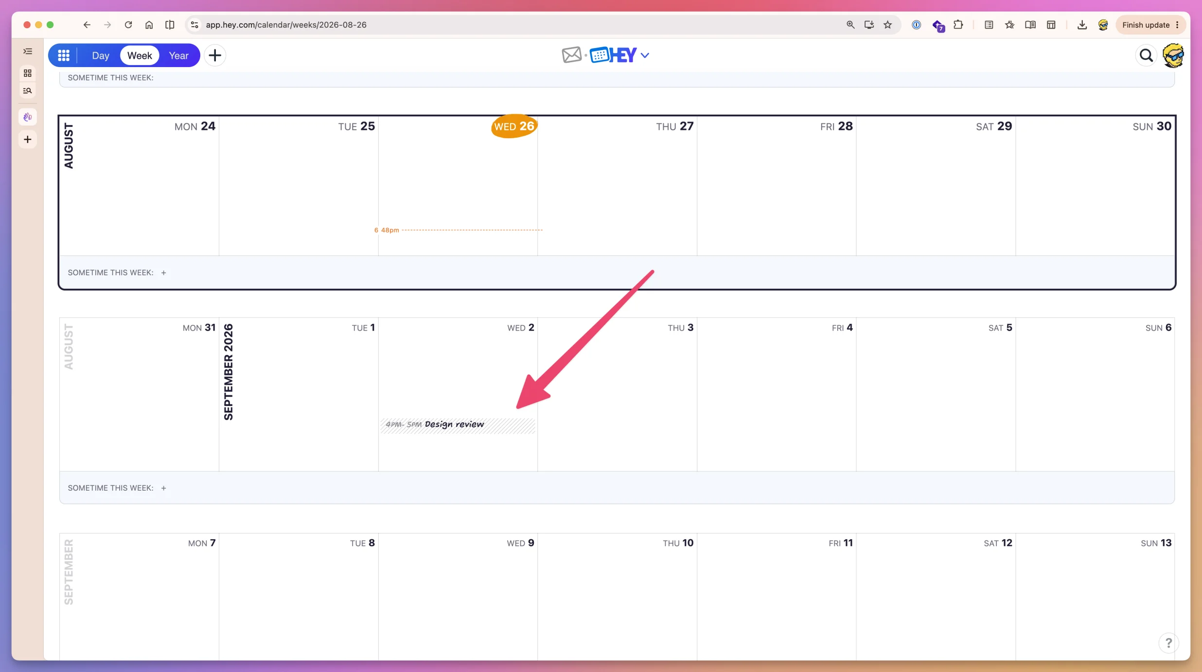The Design review event created with hey-cli appearing in HEY Calendar