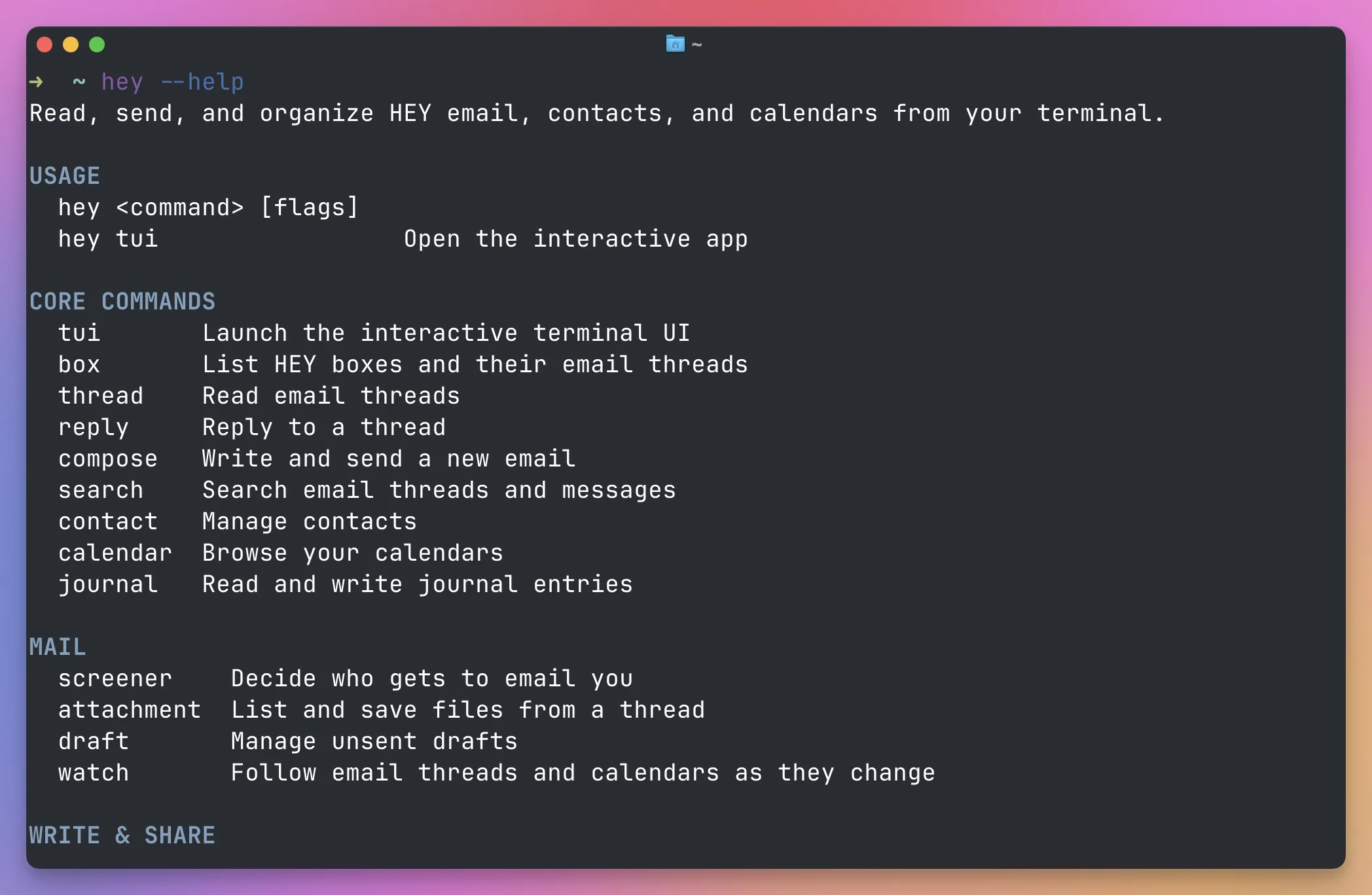 The hey-cli help screen listing its main mail, contact, calendar, and journal commands