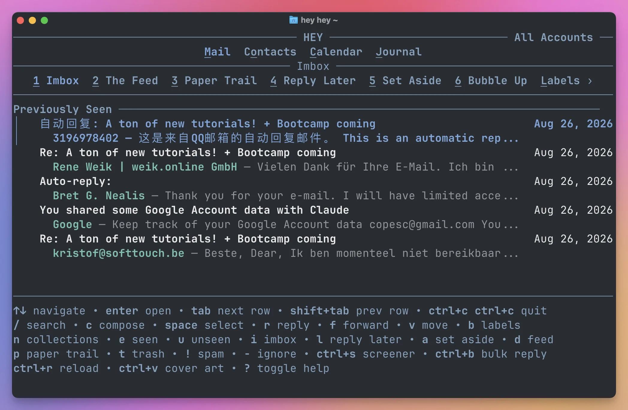 The hey-cli TUI showing the HEY Imbox and its keyboard shortcuts