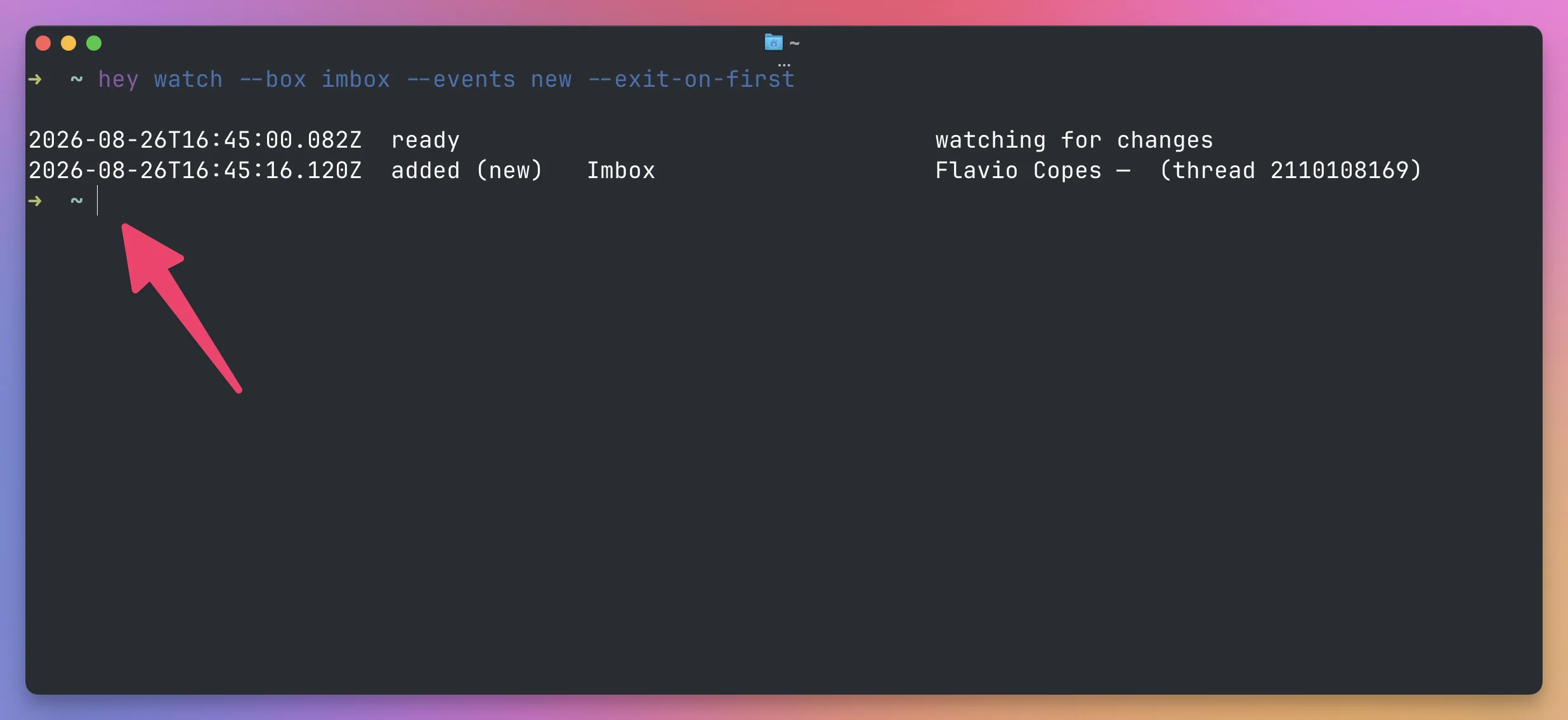 The hey watch command exiting after the first new message arrives