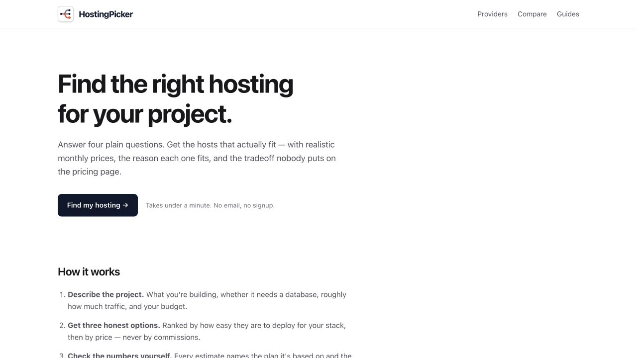 HostingPicker homepage with the hosting finder and its three-step explanation