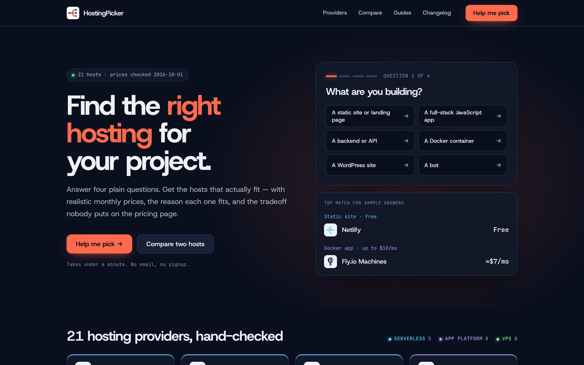 The HostingPicker homepage, with the first question of the hosting finder and the grid of hand-checked providers