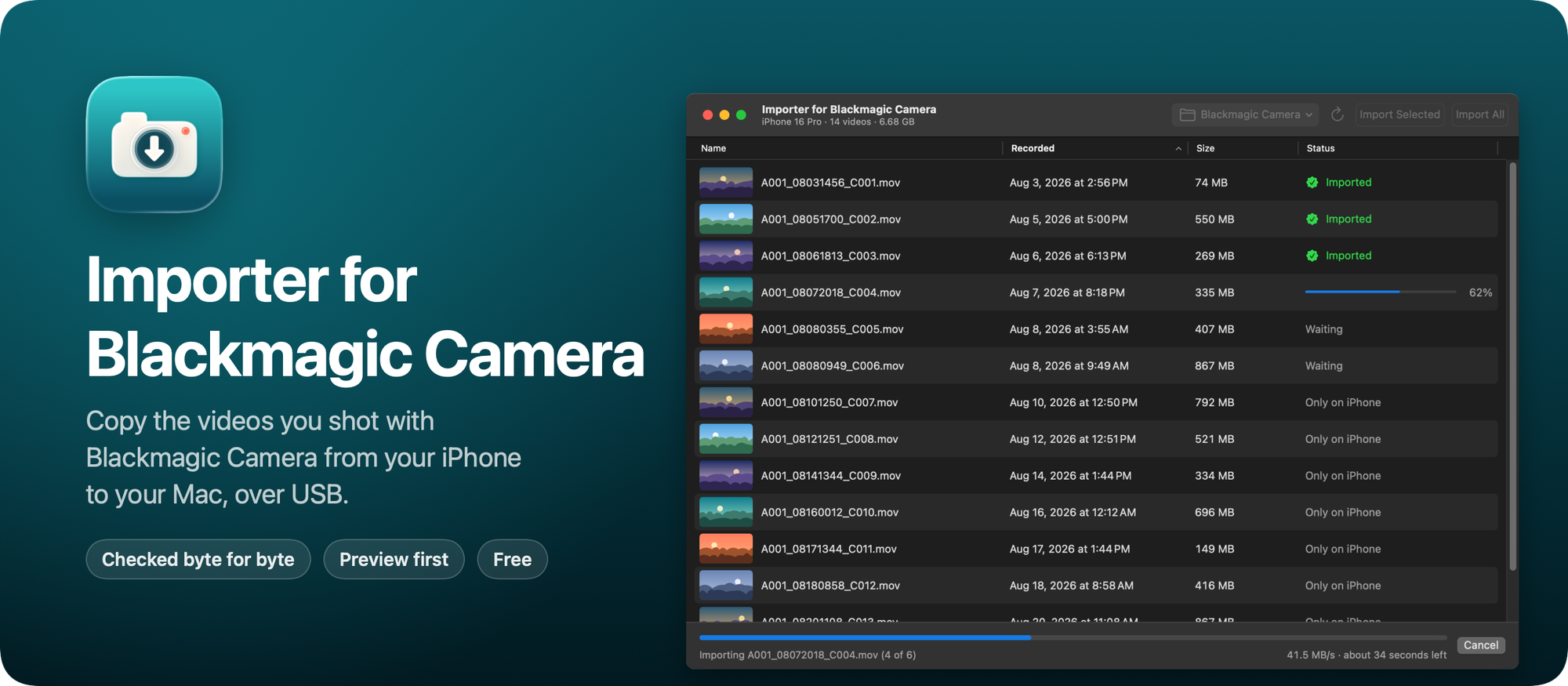 Importer for Blackmagic Camera, a Mac app that copies Blackmagic Camera videos from an iPhone to a Mac