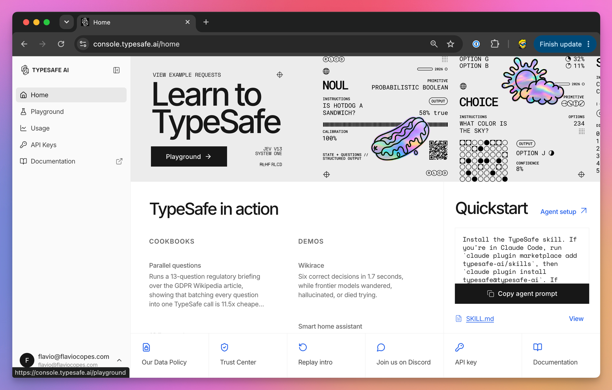 The TypeSafe console home with the Learn to TypeSafe header, cookbooks, demos and the agent setup prompt