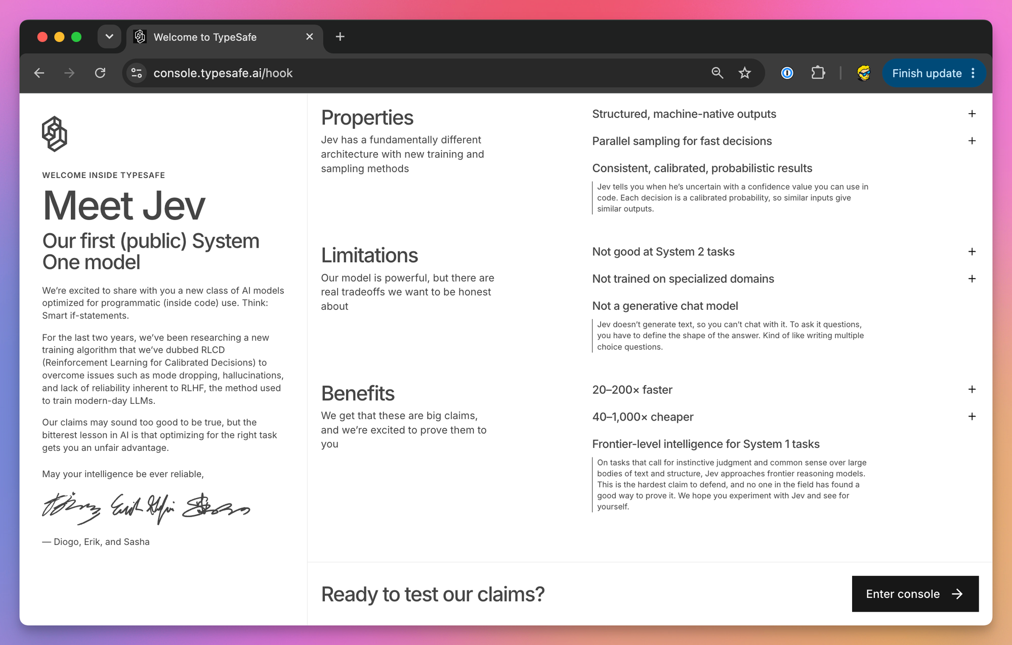 The Meet Jev welcome page in the TypeSafe console, listing the model's properties, limitations and benefits