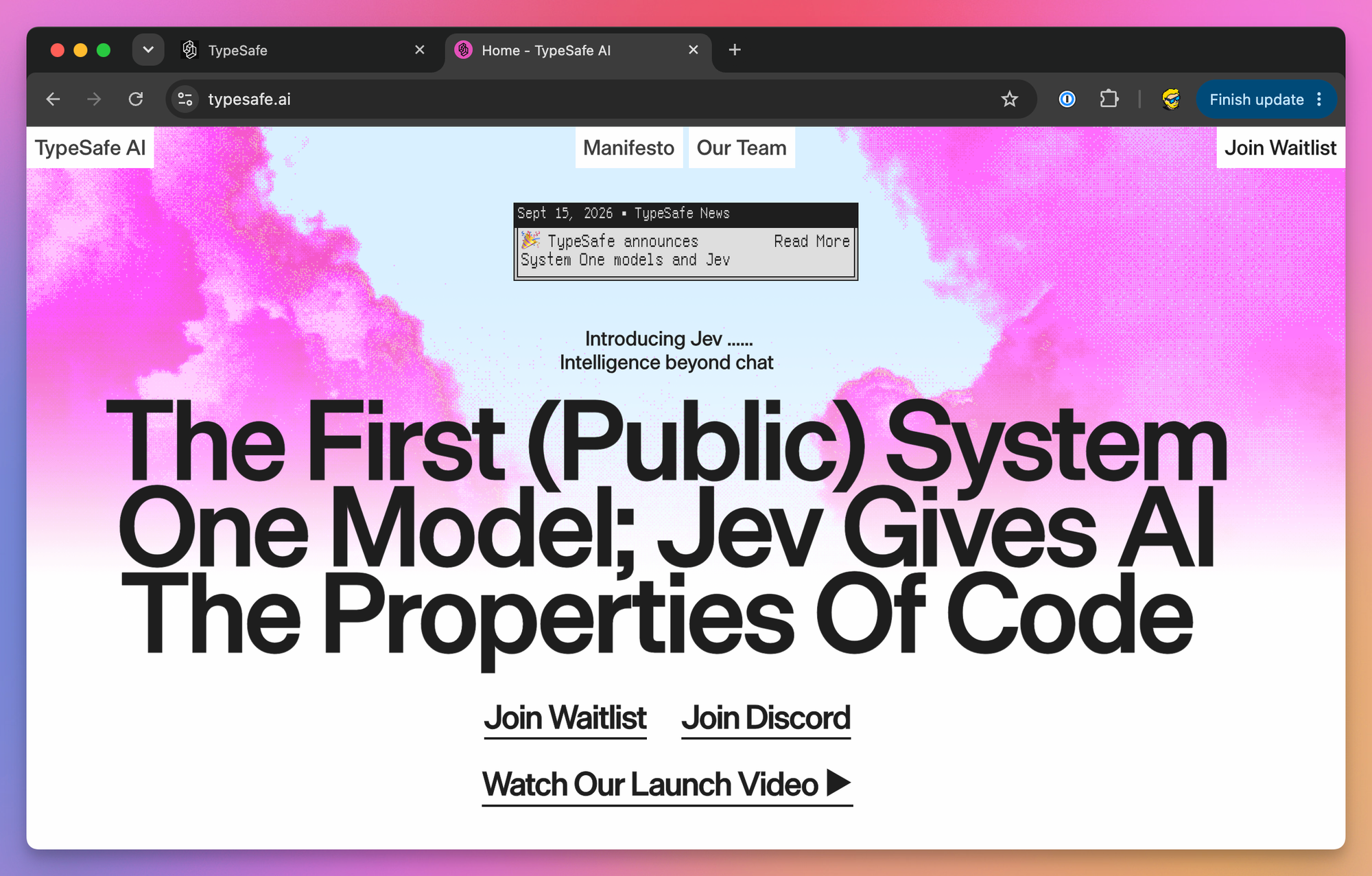The TypeSafe AI homepage announcing Jev as the first public System One model