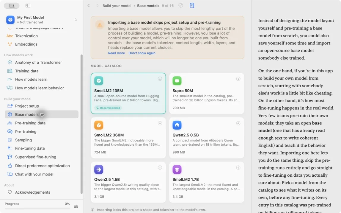 Language Model Builder base-model catalog with model choices and sizes