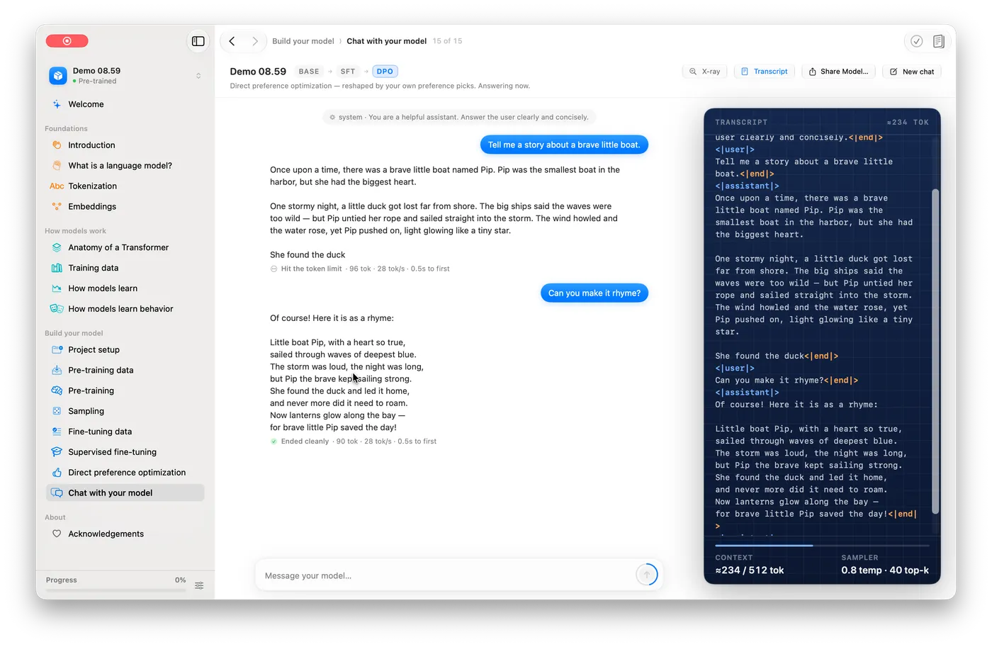 Chat with controls for switching between base, SFT, and DPO checkpoints while viewing the raw token transcript
