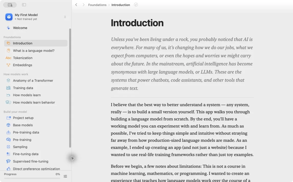 Language Model Builder interactive textbook with lessons about tokens, embeddings, and transformers