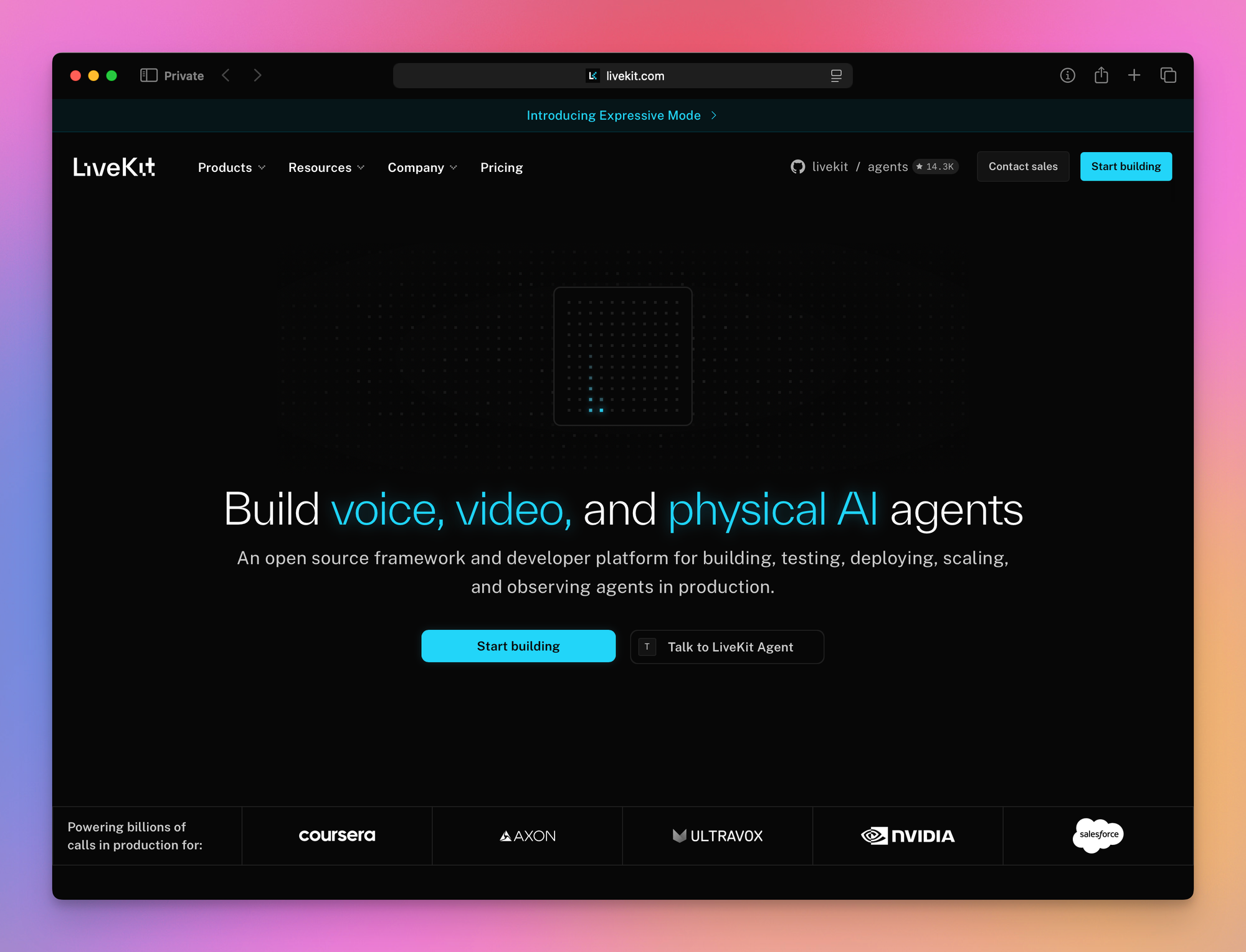 The LiveKit homepage, presenting its open source framework and developer platform for building voice, video, and physical AI agents