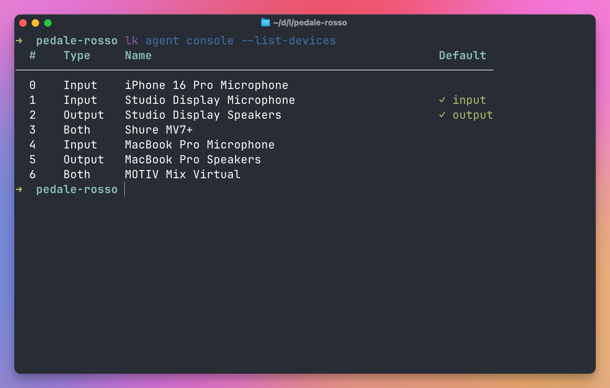 The output of lk agent console --list-devices, showing the available input and output devices and marking the Studio Display microphone and speakers as the defaults