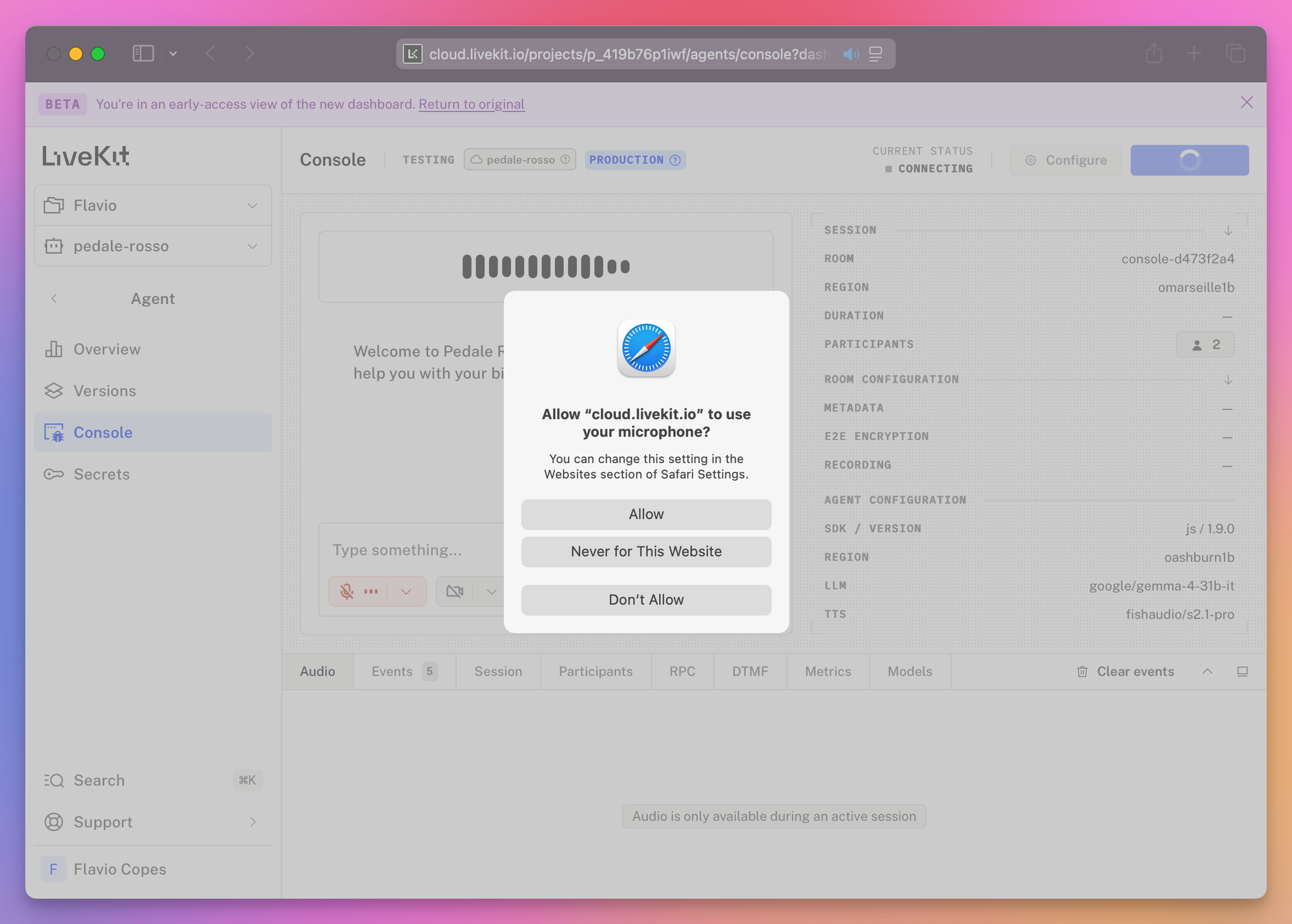 The light-mode Agent Console connecting, with Safari asking to allow cloud.livekit.io to use the microphone