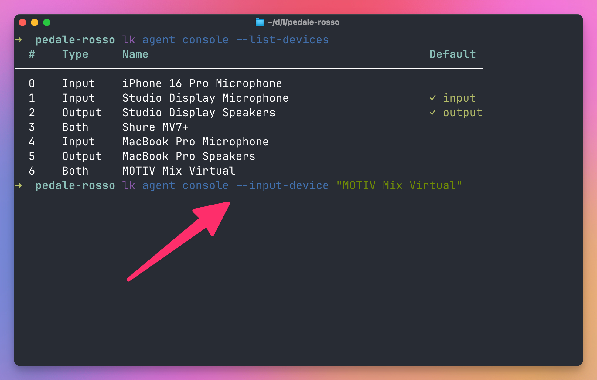 Selecting MOTIV Mix Virtual as the console input device, with an arrow pointing at the --input-device option