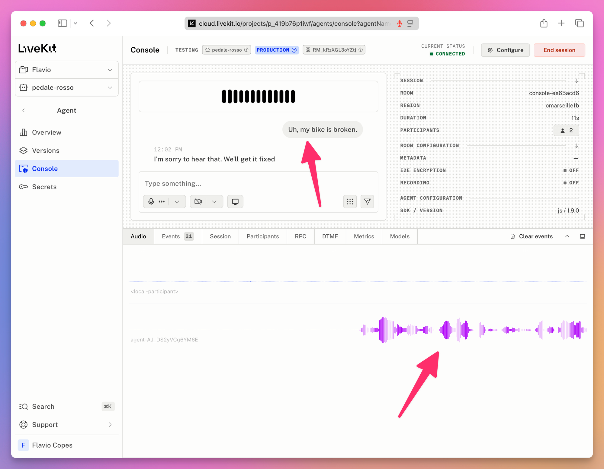 A connected light-mode Agent Console session, with an arrow pointing at the broken-bike message and another pointing at the agent audio waveform