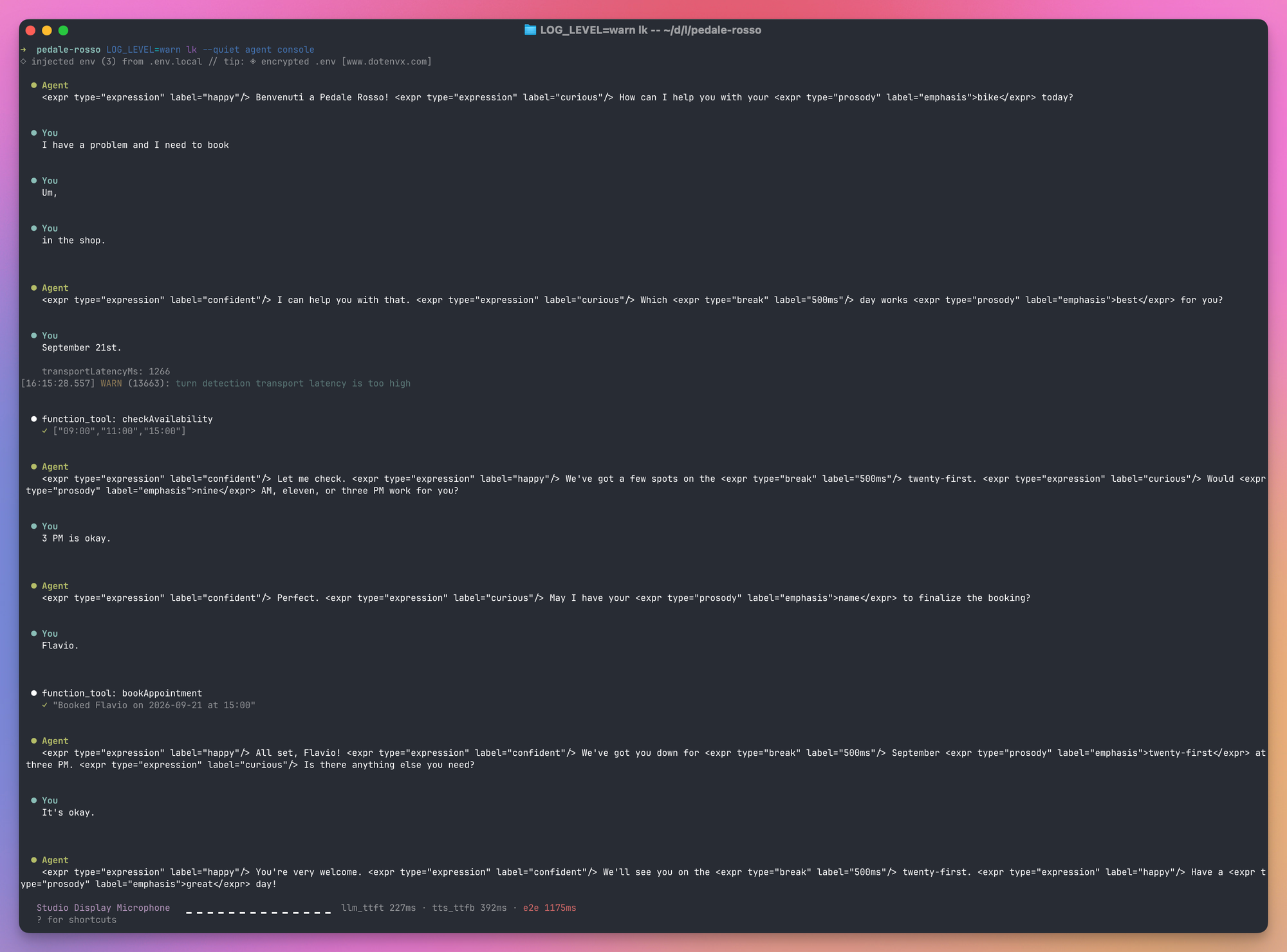 A console session with the Pedale Rosso agent: the customer asks to book, names September 21st, the log shows the checkAvailability tool returning three slots, the customer picks 3 PM and gives a name, and bookAppointment confirms the booking