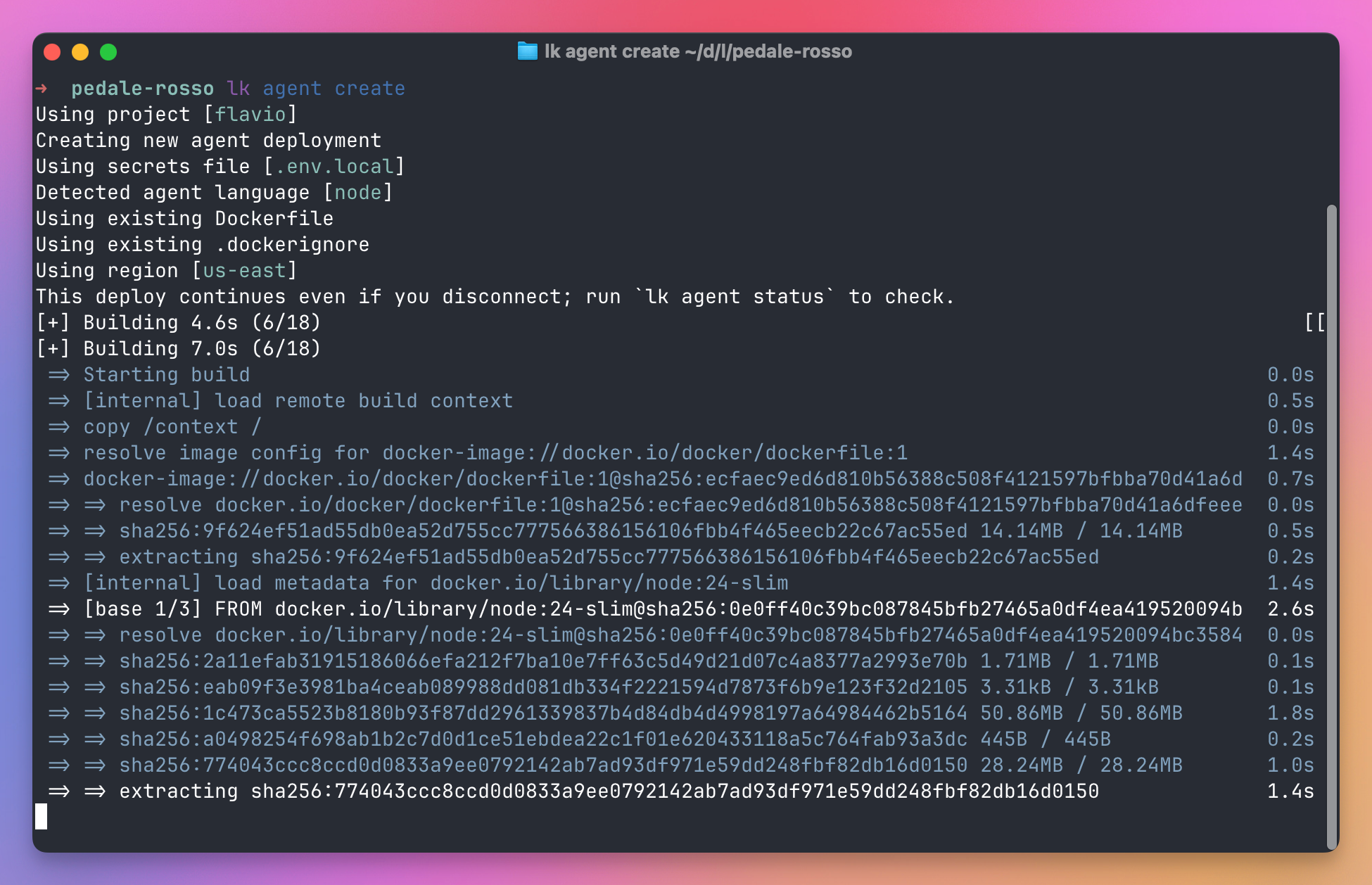 LiveKit Cloud building the agent's Node.js Docker image and uploading its layers