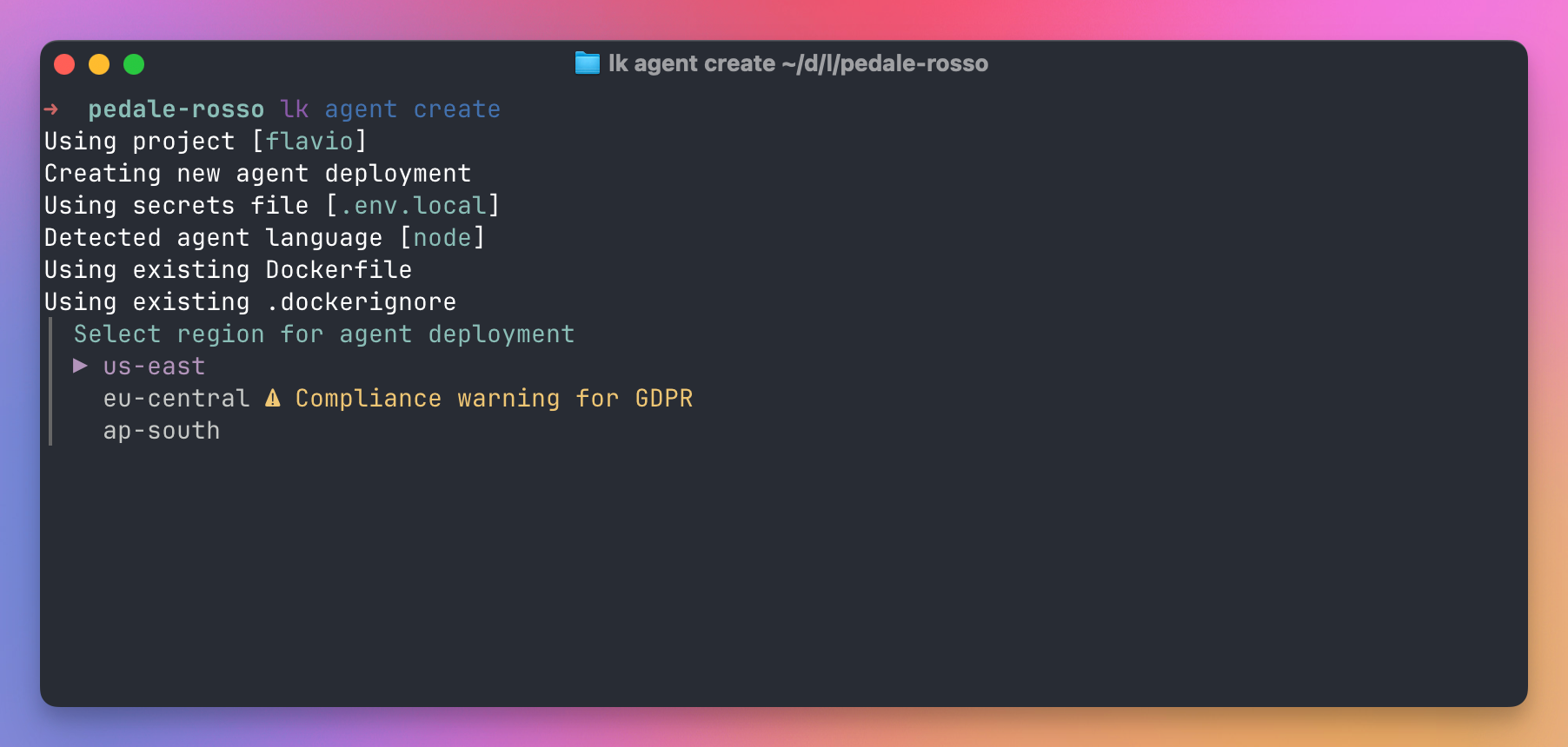 The deployment region picker offering US East, EU Central and AP South, with a GDPR compliance warning beside EU Central