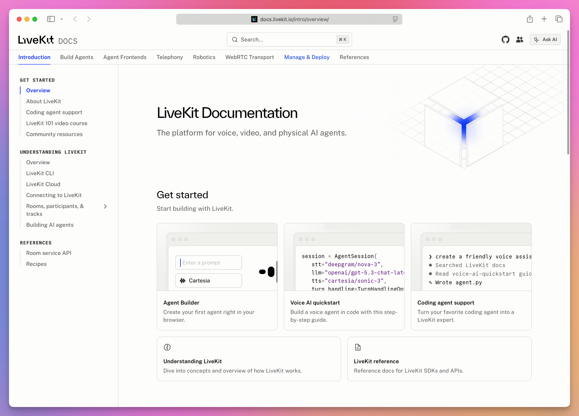 The LiveKit docs homepage with three get started cards: Agent Builder, Voice AI quickstart, and Coding agent support