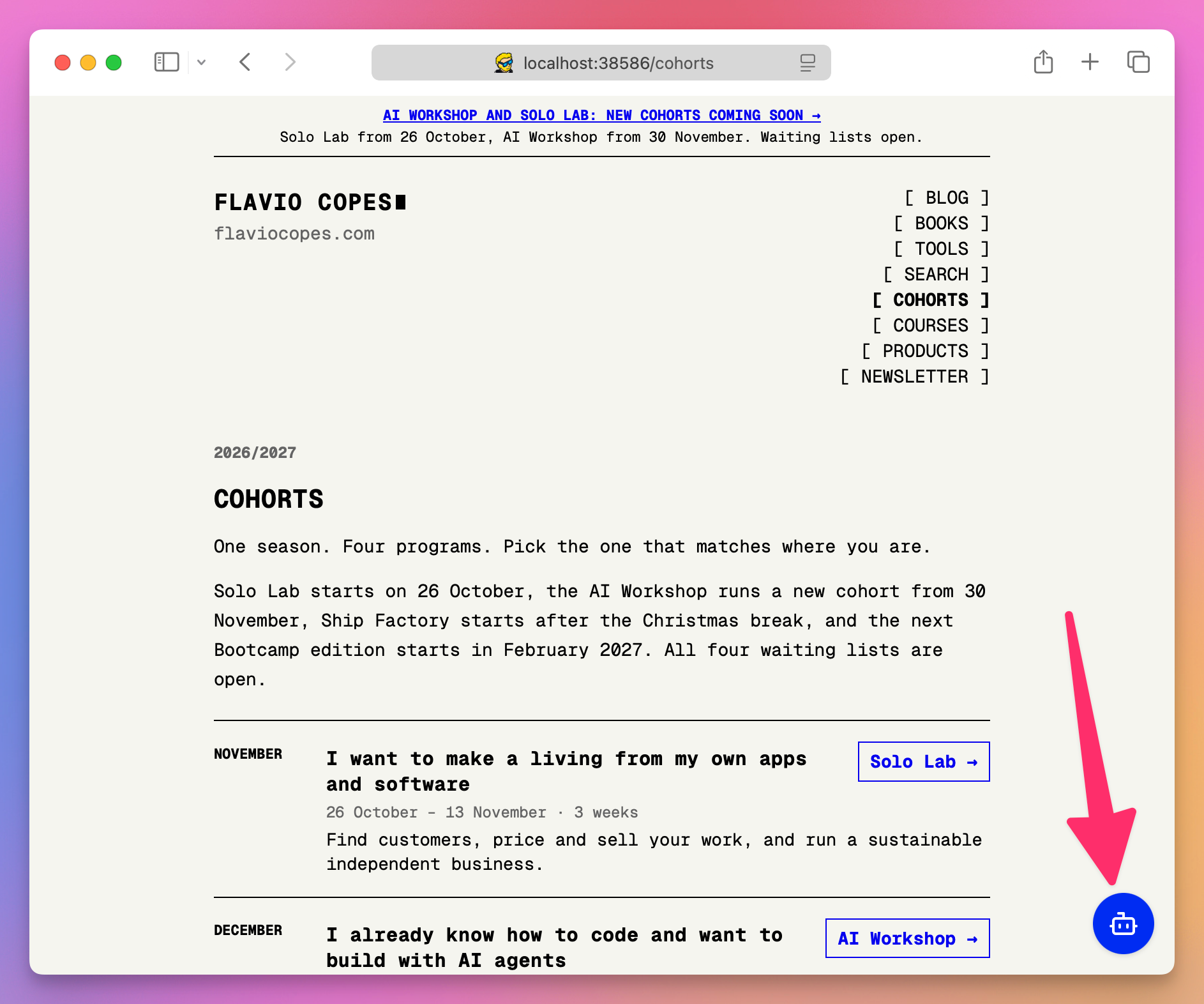The cohorts page with the LiveKit embed widget closed, and an arrow pointing at the blue button in the bottom right