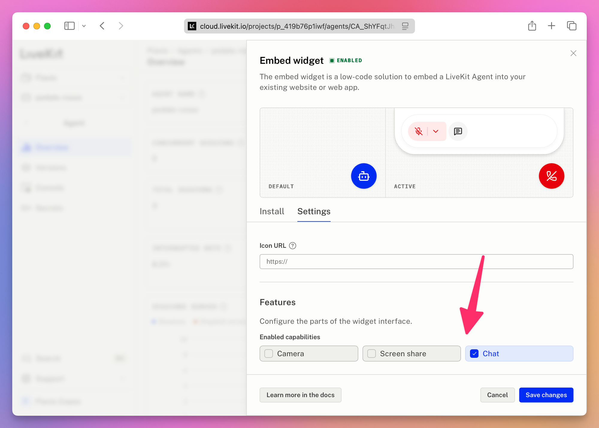 The embed widget Settings tab, with an arrow pointing at the Chat capability, which is enabled