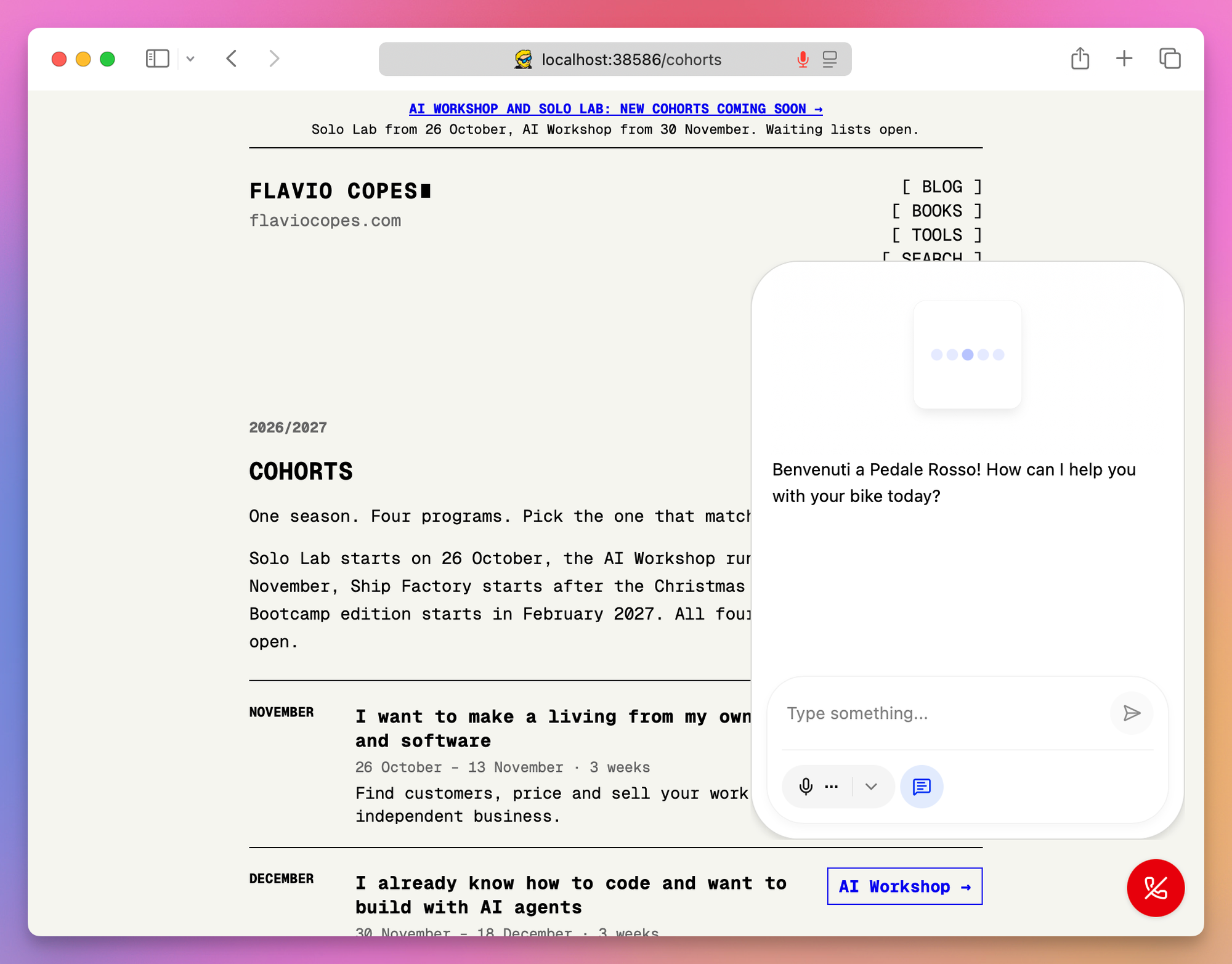 The LiveKit embed widget open on the cohorts page, with the Pedale Rosso greeting