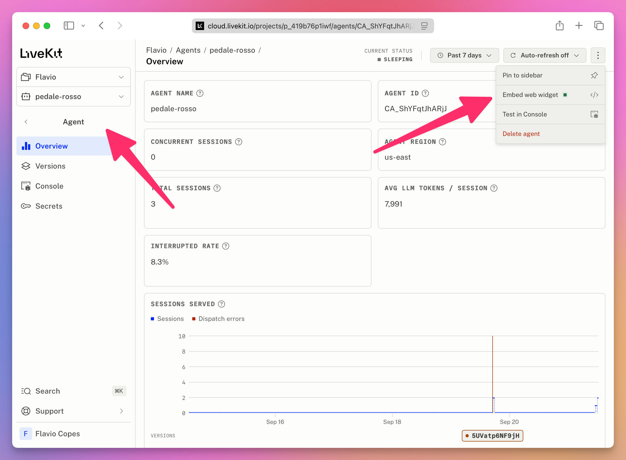The light-mode deployed agent overview, with arrows pointing at the agent navigation and the Embed web widget menu item