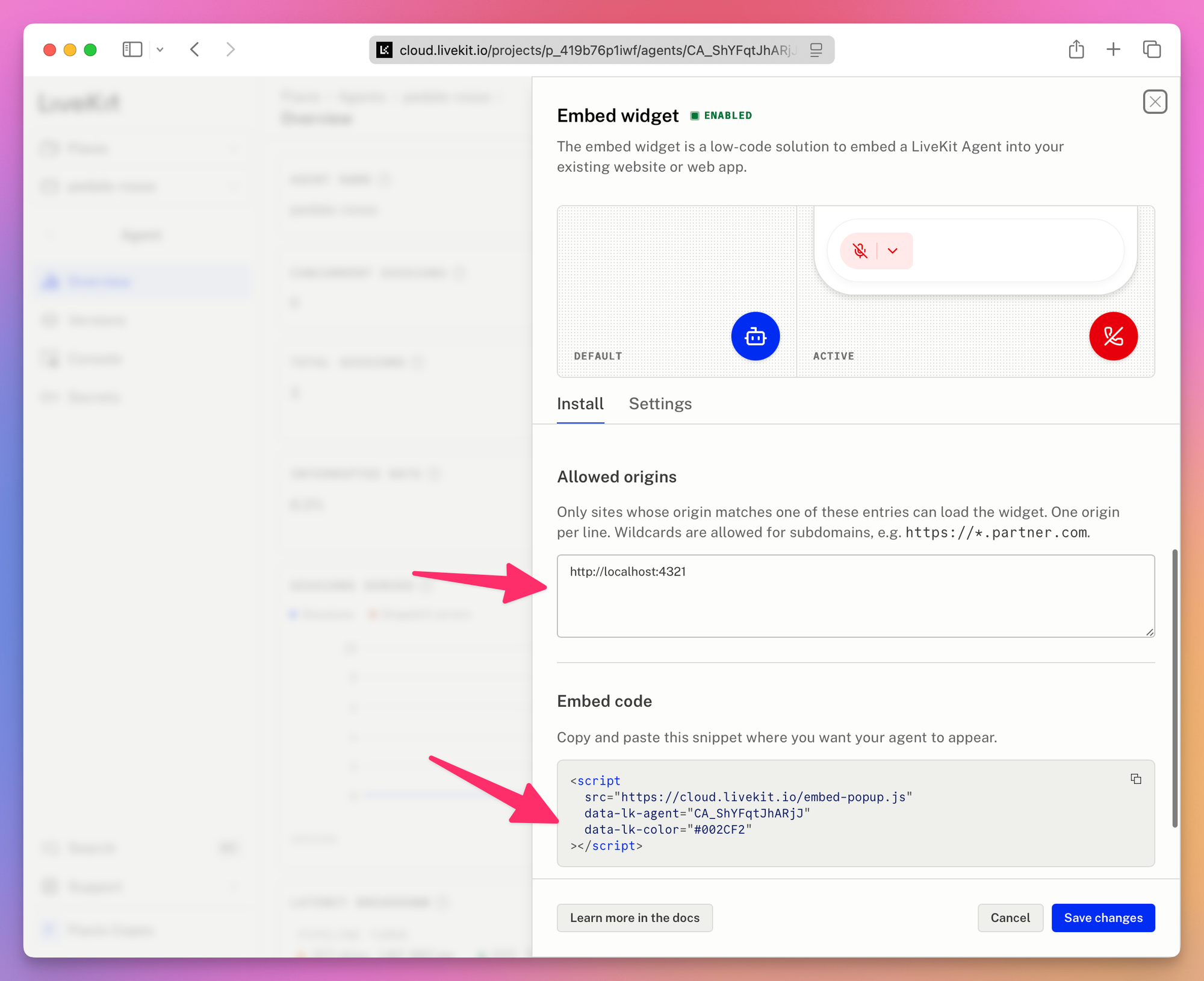 The light-mode LiveKit embed widget settings, with arrows pointing at the allowed origin and generated embed code