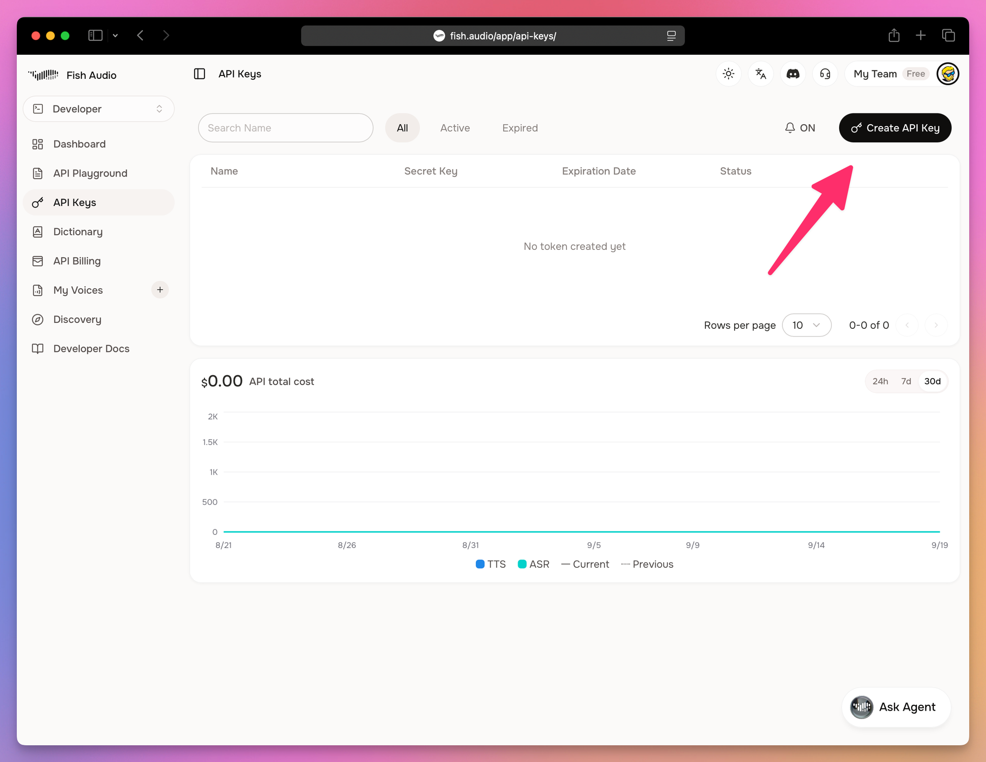 The Fish Audio API Keys page, with an arrow pointing at Create API Key