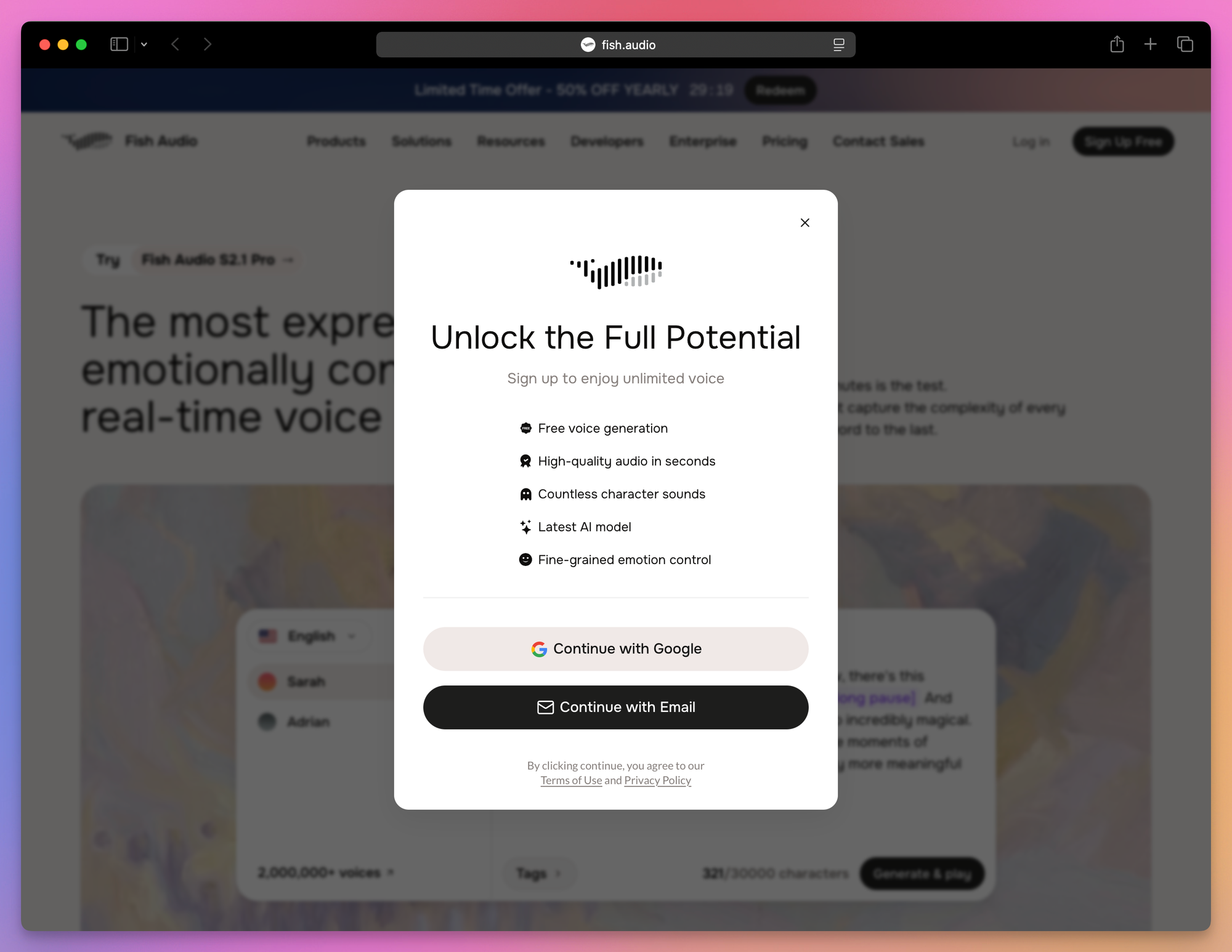 The Fish Audio sign-up dialog, offering Google and email sign-in