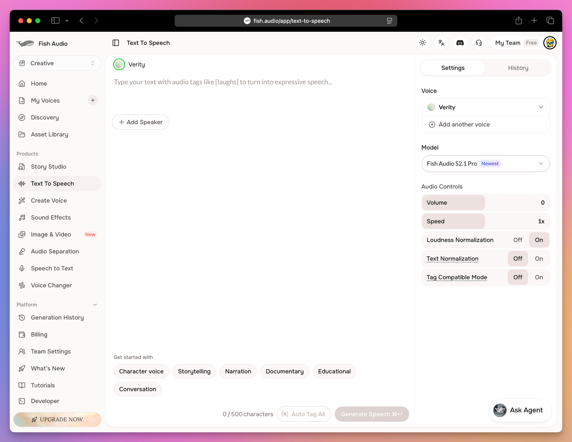 The Fish Audio Text to Speech workspace, with the Verity voice, S2.1 Pro model and audio controls