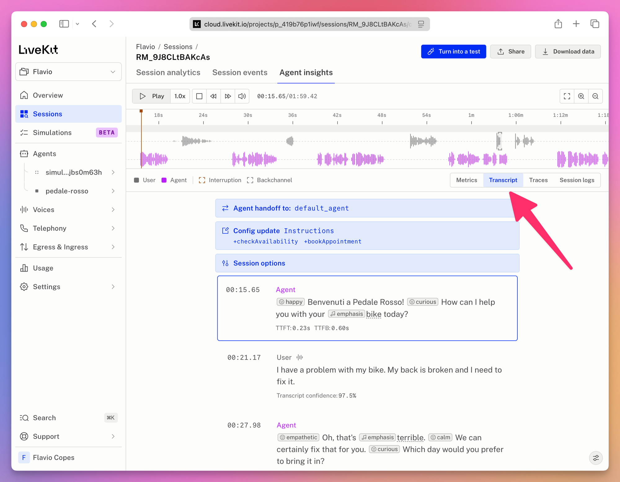 The light-mode transcript of a session, with a handoff, the checkAvailability and bookAppointment tools, and an arrow pointing at the Transcript tab