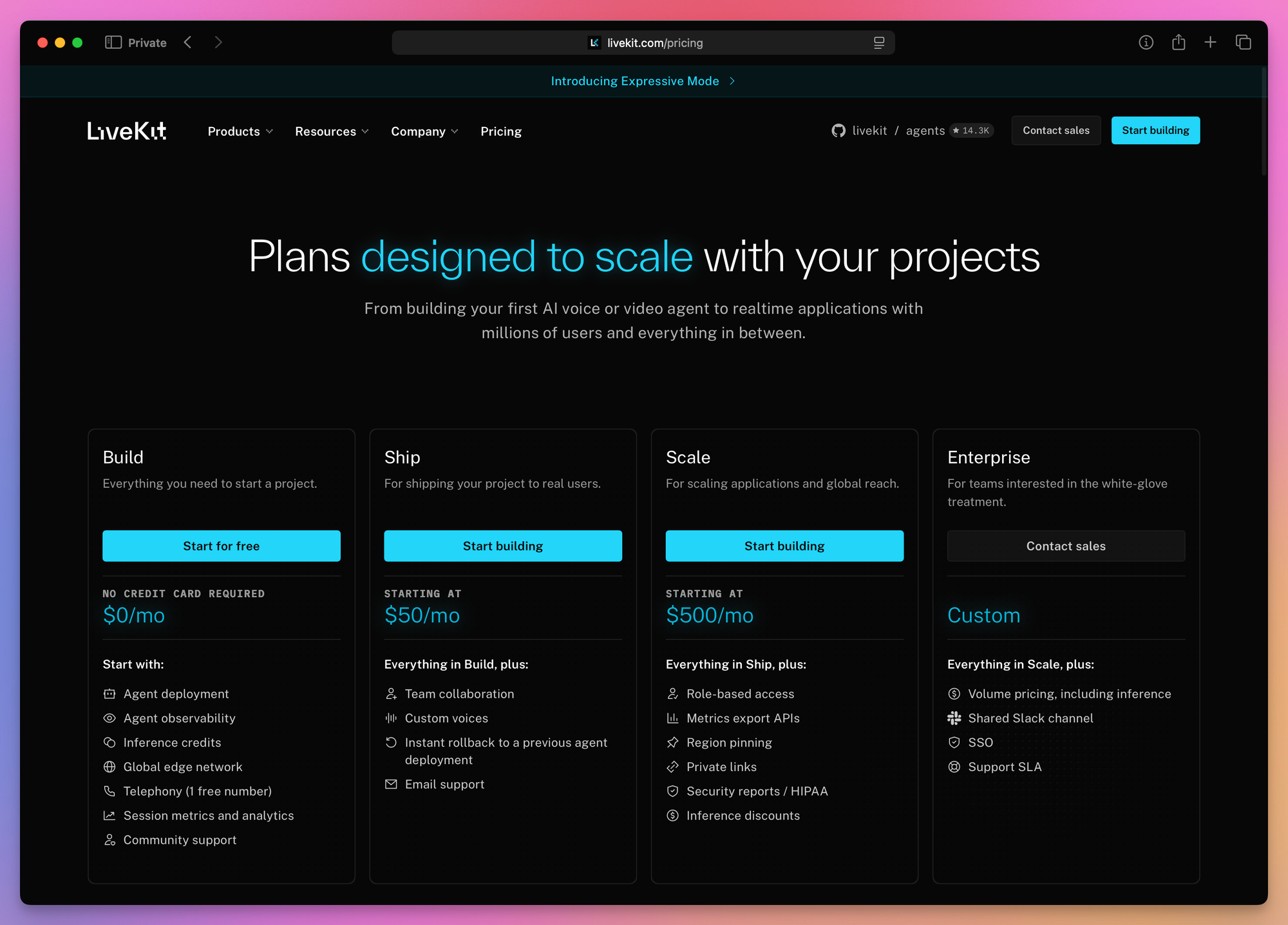 The LiveKit pricing page with the four plans: Build at $0 a month, Ship starting at $50, Scale starting at $500, and Enterprise