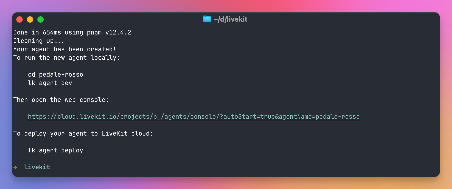 The end of lk agent init pedale-rosso with the Node template: pnpm finishes the install, then the next steps, cd pedale-rosso and lk agent dev, the Agent Console link with agentName=pedale-rosso, and lk agent deploy for later