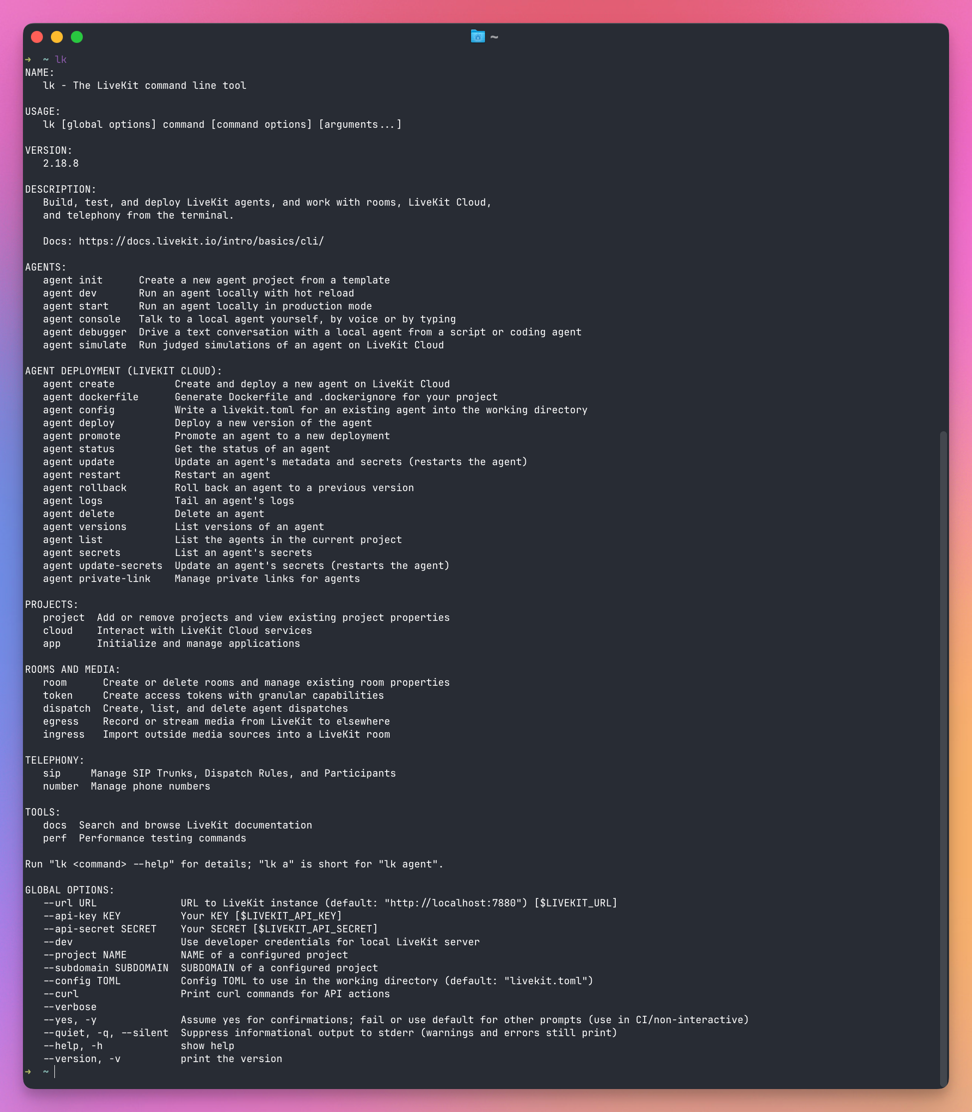 The output of lk with no arguments: version 2.18.8 and the commands grouped into agents (including agent debugger and agent simulate), agent deployment, projects, rooms and media, telephony and tools, followed by the global options