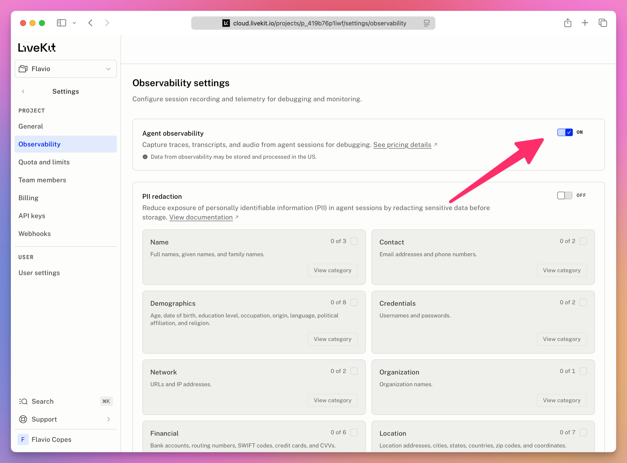 Light-mode Observability settings with Agent observability enabled and an arrow pointing at the toggle