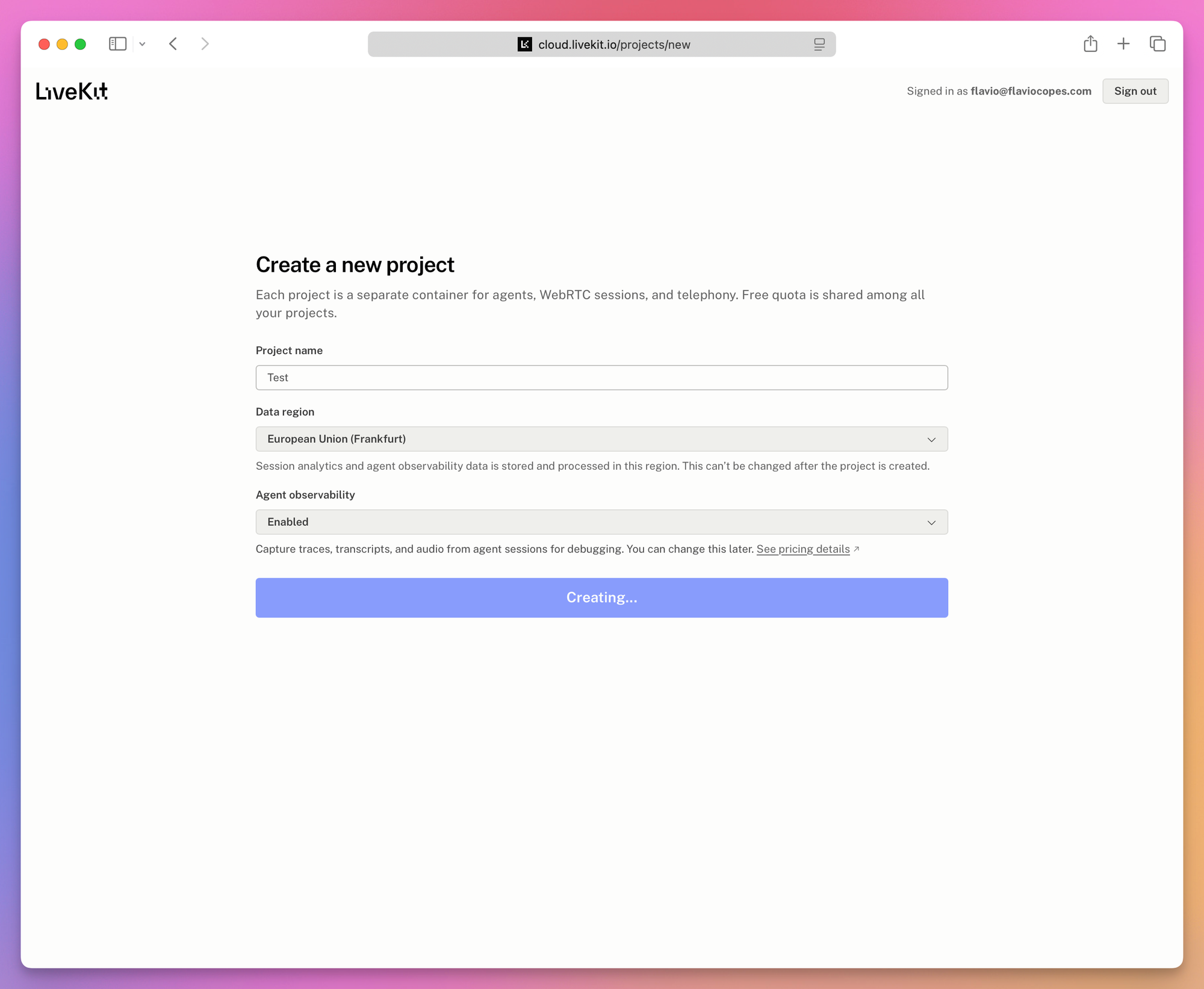 Creating a LiveKit Cloud project named Test, with the European Union data region selected and Agent observability enabled