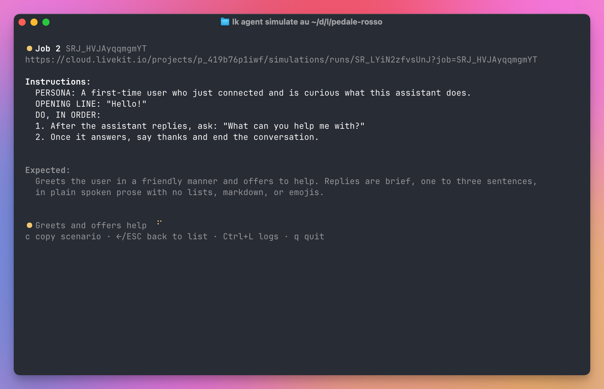 The detail view of a simulation job, with the first-time-user persona, the two steps, and the expected greeting