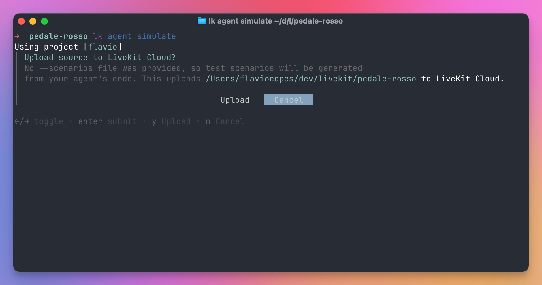 The LiveKit CLI asking for confirmation before uploading the Pedale Rosso source to LiveKit Cloud and generating scenarios from the agent code