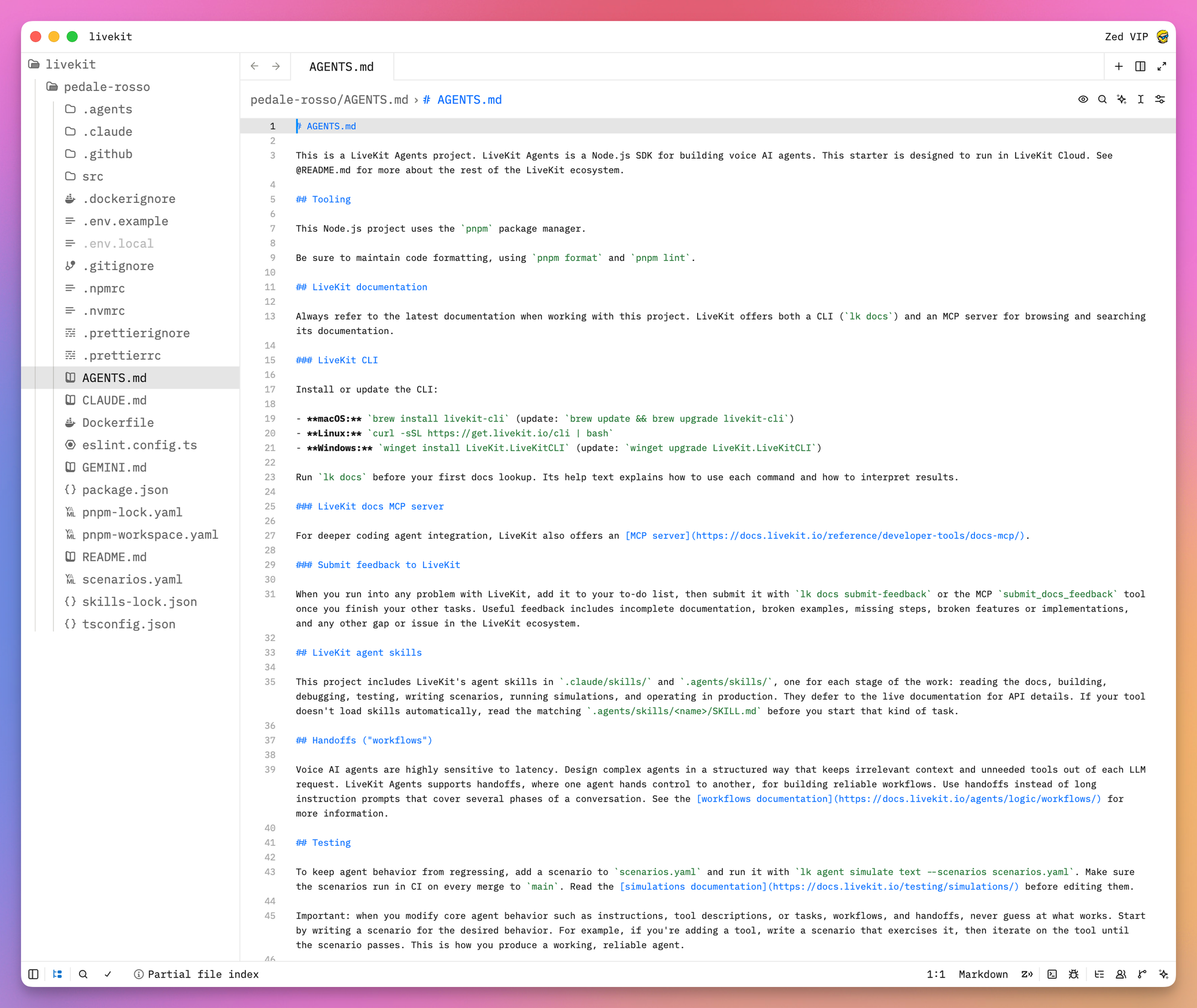 The Node template open in Zed. The sidebar lists the .agents, .claude, .github and src folders, then .dockerignore, .env.example, .env.local, .gitignore, .npmrc, .nvmrc, Prettier configs, AGENTS.md, CLAUDE.md, Dockerfile, eslint.config.ts, GEMINI.md, package.json, pnpm-lock.yaml, pnpm-workspace.yaml, README.md, scenarios.yaml, skills-lock.json and tsconfig.json. AGENTS.md is open on its tooling, LiveKit documentation, agent skills, handoffs and testing sections